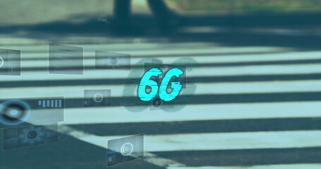 6G technology image over pedestrian crosswalk with digital interface elements