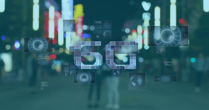 6G technology image over people walking in illuminated city street at night - Powered by Adobe