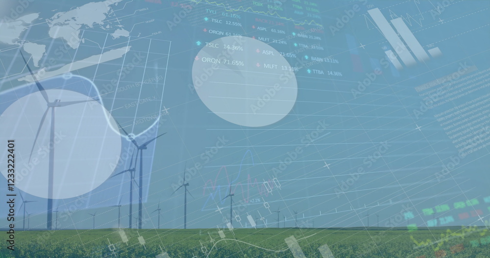 Poster wind turbines in field with financial data and charts image over sky
