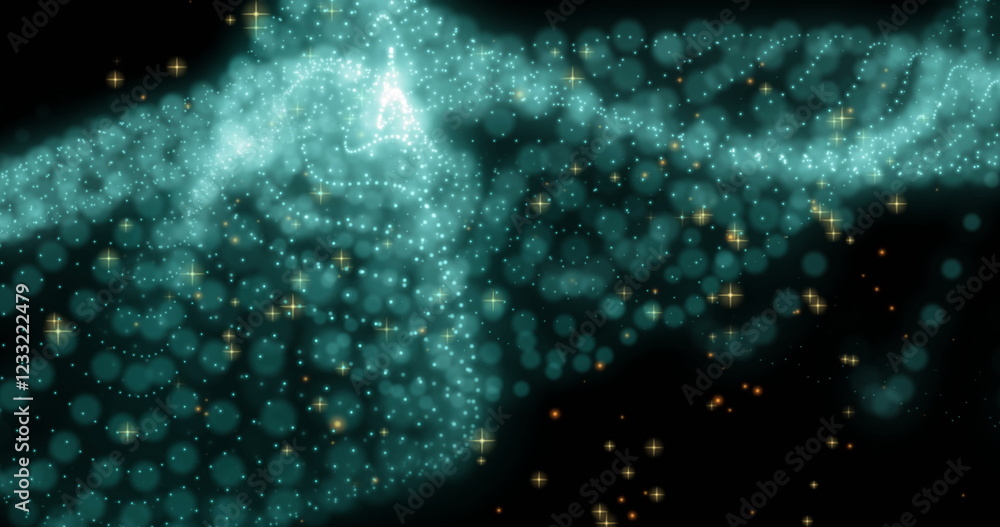Poster glowing particles forming nebula-like shape in space image