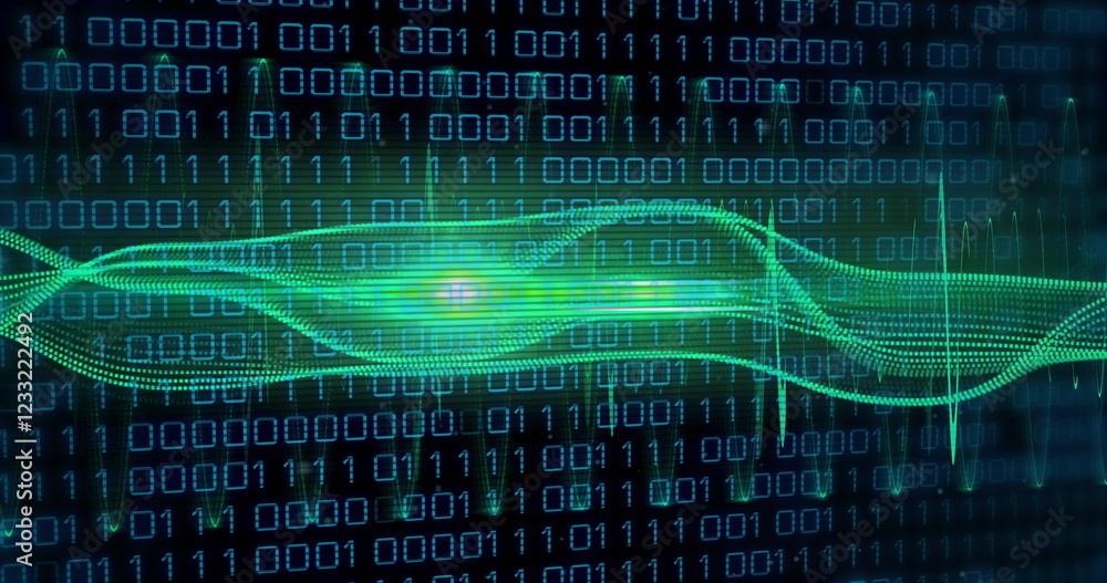 Poster image of data processing over light trails and spots on black background