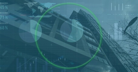 Financial data processing image over modern office building and global map