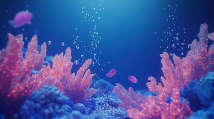 Glowing Coral Reef With Small Pink Fish Swimming