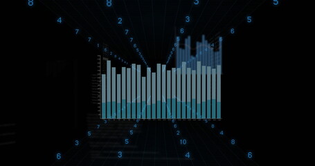 Image of data processing and diagrams on black background