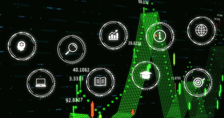 Image of icons over data processing on black background