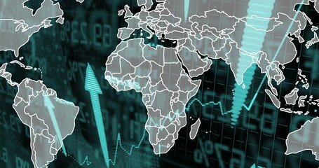 Image of world map over arrows and data processing on black background