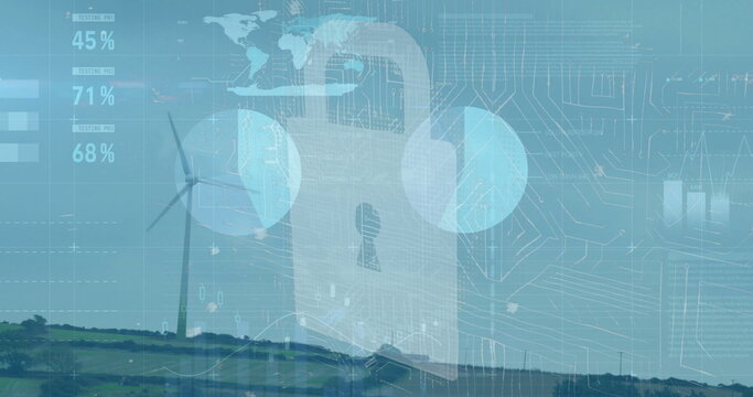 Lock and data security image over wind turbines and landscape - Powered by Adobe