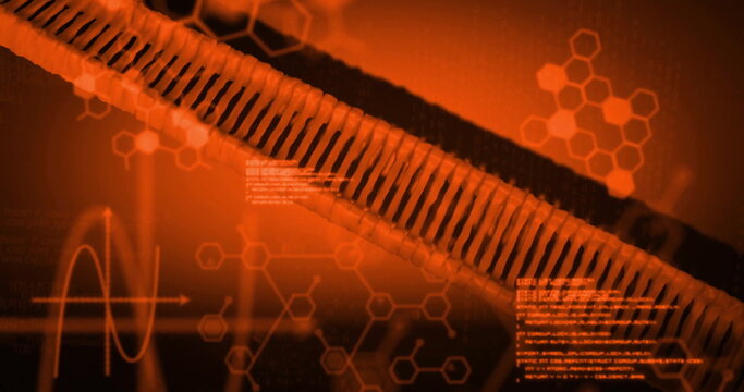 Image of data processing with chemical formula over dna strand on orange background