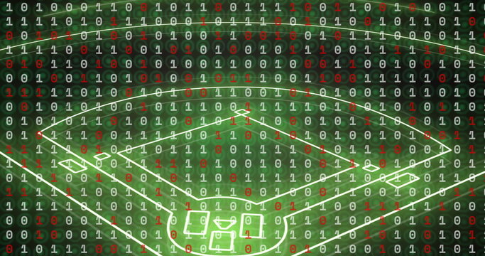 Binary code over baseball field image, representing data analysis in sports