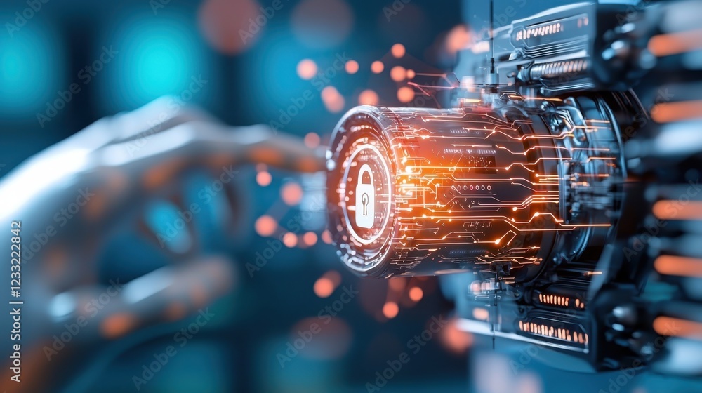Poster a vibrant digital with a glowing lock representing the power and security of modern technology the d