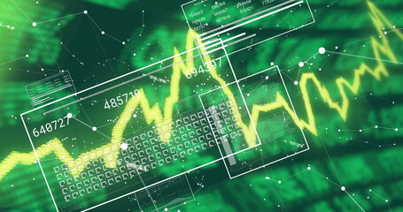 Financial data and stock market analysis image over green background with graphs
