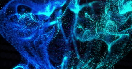 Abstract image of blue and green particles forming dynamic wave patterns