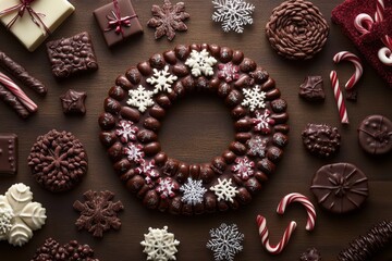 Fototapeta premium Festive Holiday Chocolate Candy Wreath with Snowflake Decorations