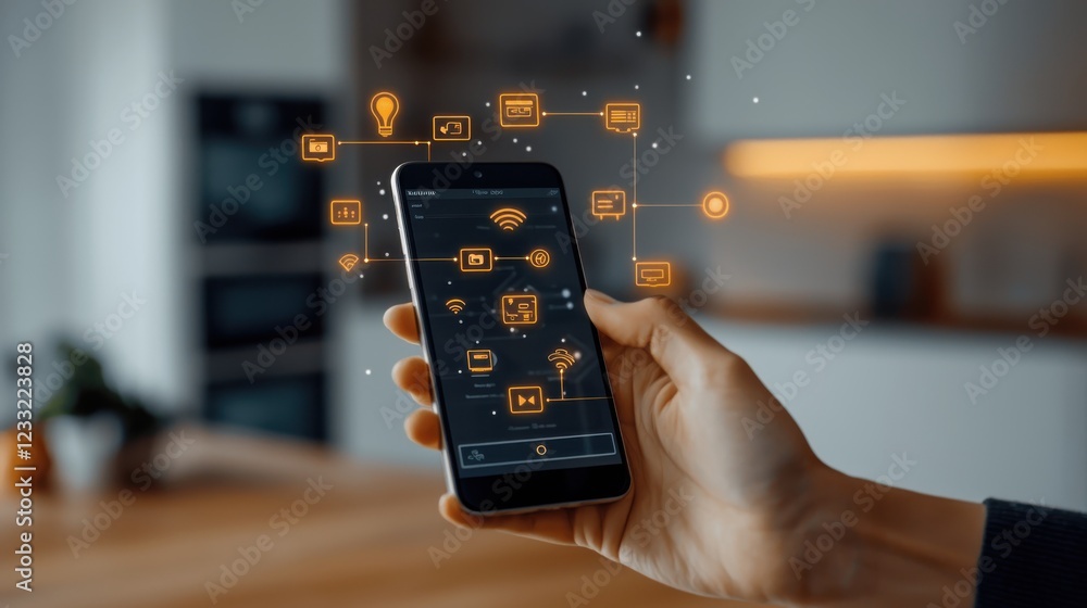Poster a person using a smartphone to control and manage smart lighting system in a modern home or office e