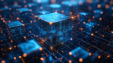 Obraz premium one big center tech cube linked with small cubes, technology, futurism, blue colors 