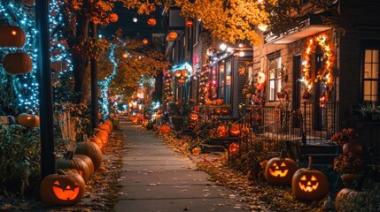 A Halloween-themed street scene with pumpkins, lights, and decorations.