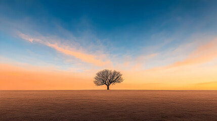 Obraz premium Solitary tree at sunrise, peaceful field, calm sky, nature scene, desktop wallpaper