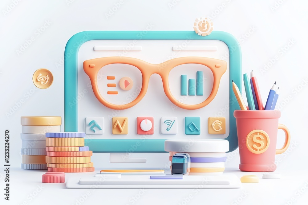 Aufkleber a modern and data focused office desk with a variety of colorful stationery digital analytics icons 
