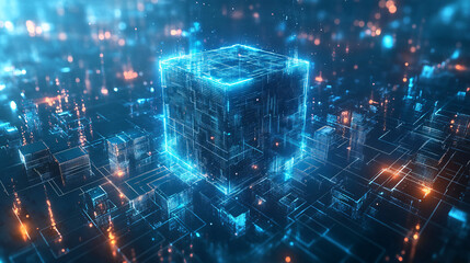 Fototapeta premium one big center tech cube linked with small cubes, technology, futurism, blue colors 