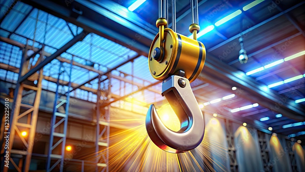 Poster 3d rendering of a crane hook with detailed textures and realistic lighting for industrial applicatio