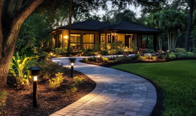 Obraz premium Captivating evening view of a charming garden path.