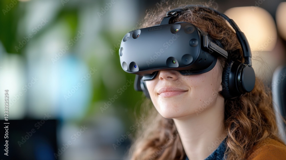 Poster a student is wearing a virtual reality headset immersed in an interactive digital environment for di