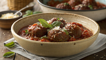  Meatballs in tomato sauce with fresh basil and parmesan