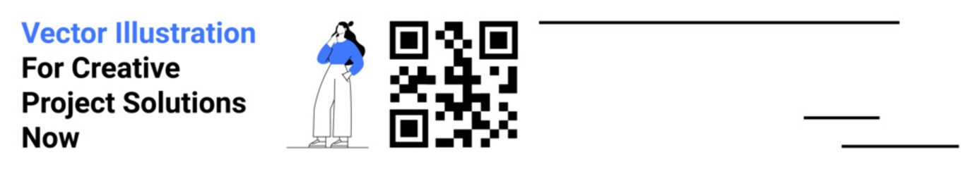 Woman observes a large QR code while text highlights creative solutions. Ideal for business, technology, branding, marketing, projects, innovation, flat landing page banner