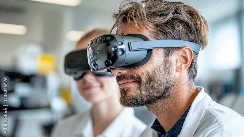 Poster a man wearing a virtual reality headset in an office workspace indicating the of vr gaming technolog
