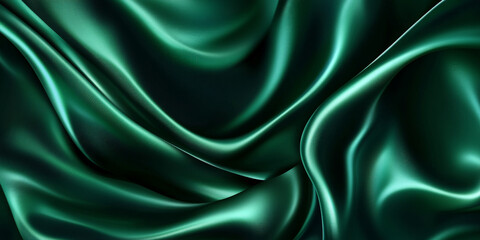 Fototapeta premium Rich emerald green satin background with smooth folds and glowing light accents.