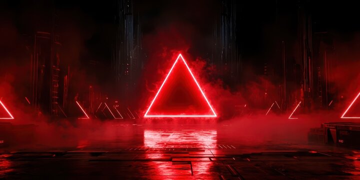 Red triangle is lit up in the middle of a dark room