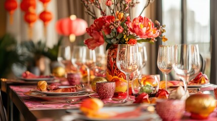 A table setting for a meal with red and gold decorations.