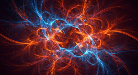 Fototapeta premium Energy Explosion: A mesmerizing fractal design bursts with dynamic energy, showcasing intricate patterns of orange and blue light that intertwine in a visually striking display.