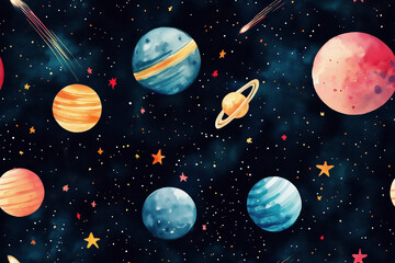 Naklejka premium Discover the Cosmos: Stunning Space Art Illustrations of Planets, Stars, and Colorful Cosmic Wonders