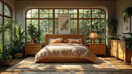 Warm and Inviting Bedroom Interior with Natural Light and Greenery Creates a Relaxing Atmosphere