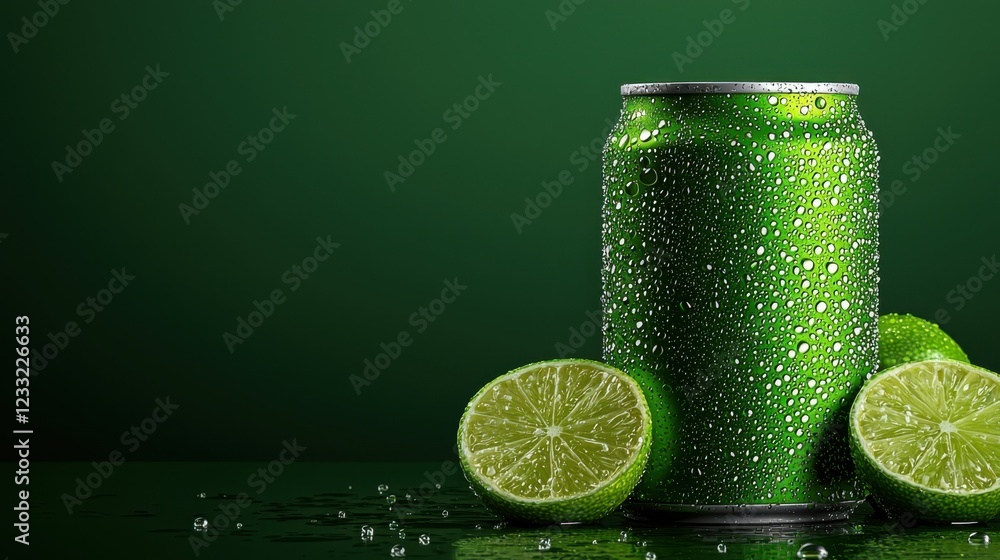Poster a glossy chrome like soda can with condensation droplets covering its surface resting on a reflectiv