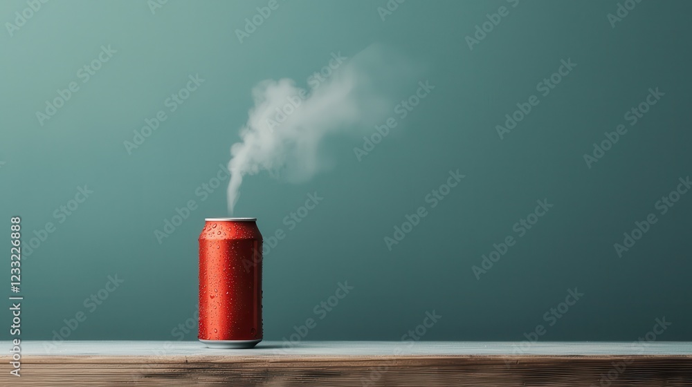 Poster a chilled can of refreshing flavored soda placed on a frosty turquoise colored background creating a