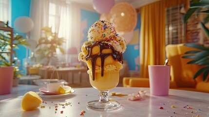 Obraz premium Delicious ice cream sundae on table, birthday party background