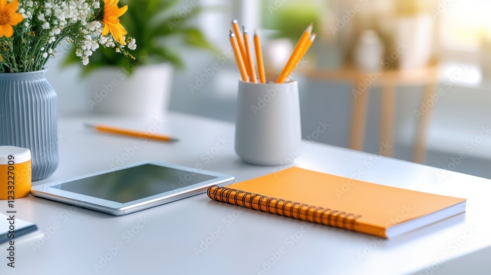 Poster a sleek and modern designer s desk with a digital tablet various stationery essentials and a minimal