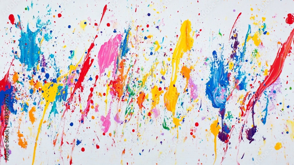 Poster colorful paint splatters on a white canvas creating an abstract and dynamic art piece