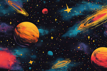 Naklejka premium Vivid Cosmic Galaxy: Artistic Digital Illustration of Mystical Planets and Stars in Deep Space
