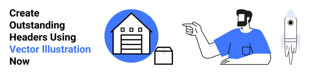 Warehouse building, package, pointing man, and rocket figure highlight logistics, teamwork, innovation, e-commerce, marketing delivery and growth. Ideal for flat landing page banner