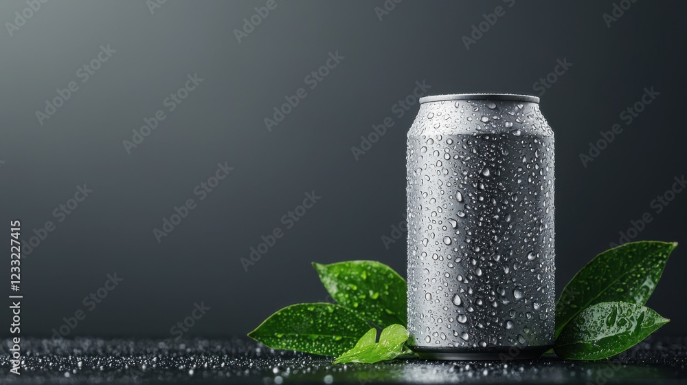 Poster a chilled wet soda can sitting on a dark moody surface with fresh green leaves surrounding it creati