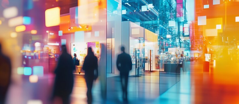 Exhibition expo event trade fair hall with busy bustling people walking to conferences in a modern hall crowded business people with a bokeh effect. Generative AI
