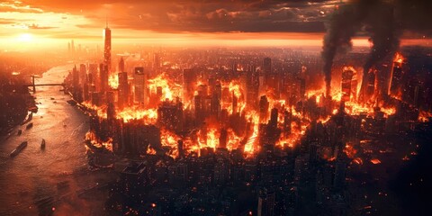 City is on fire with smoke in the sky