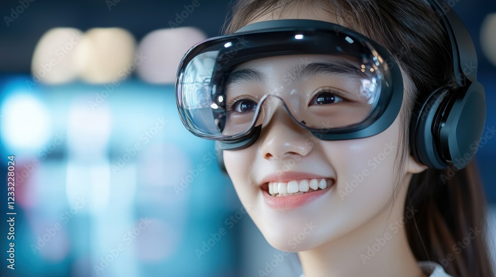Poster a smiling student enthusiastically navigating through a virtual reality maze demonstrating the immer