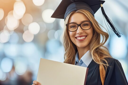 Proud mature woman celebrates her graduation holding a diploma while wearing a gown and mortarboard
