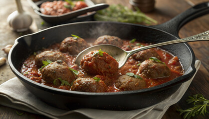 Meatballs simmering in tomato sauce with herbs in skillet