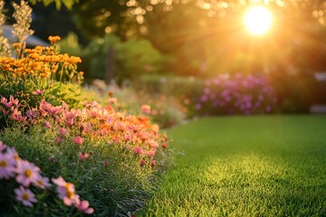 A vibrant garden filled with colorful flowers and lush green grass under a clear blue sky.