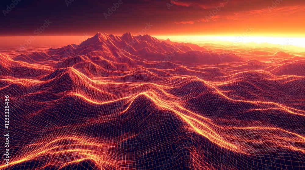 Aufkleber abstract wireframe landscape with glowing red lines and fiery horizon, digital rendering